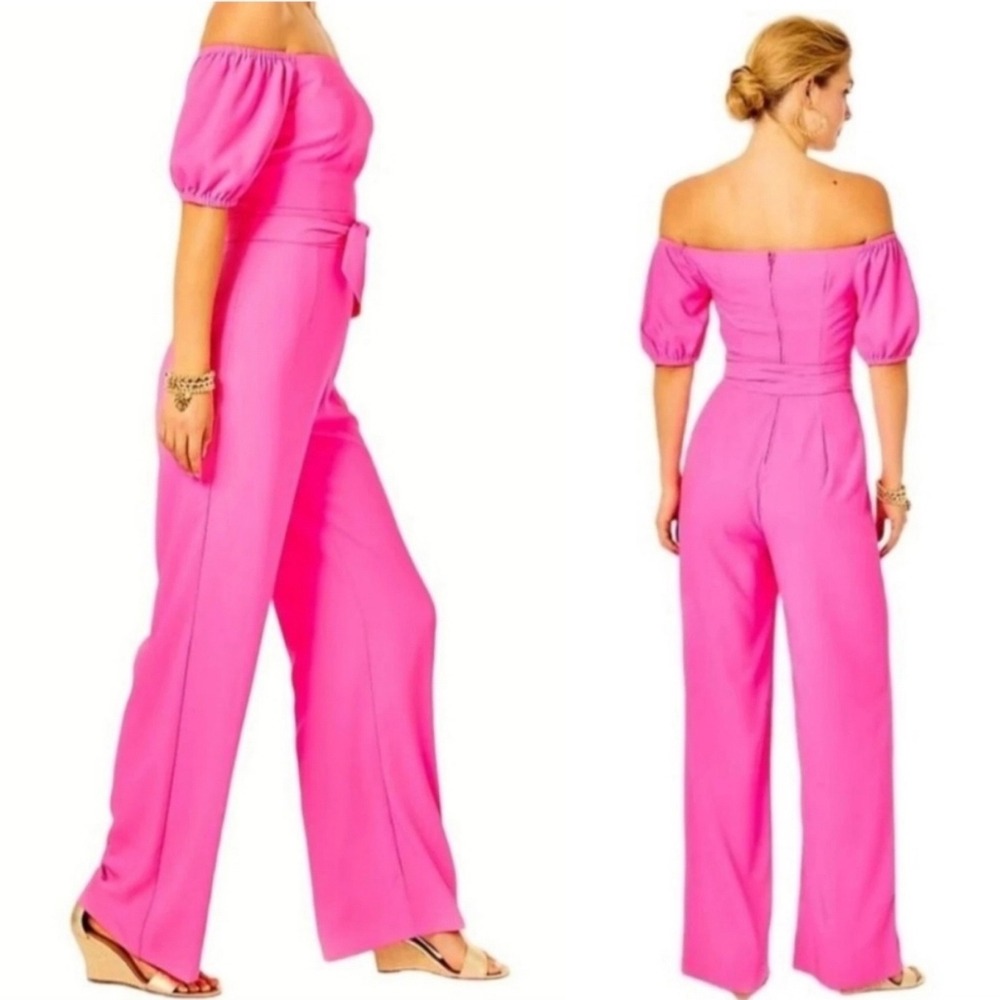 Lilly Pulitzer Jada Jumpsuit 14 Pink Isle Off the Shoulder Wide Leg Belted 14 - Picture 2 of 13